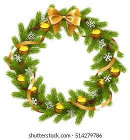 Vector Fir Wreath with Golden Decorations