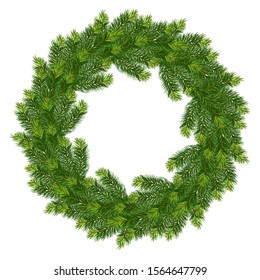 Vector fir wreath isolated on white background. Naturalistic drawing of a Christmas tree wreath. Vector illustration.