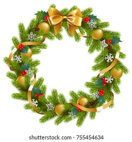 Vector Fir Wreath with Mistletoe isolated on white background