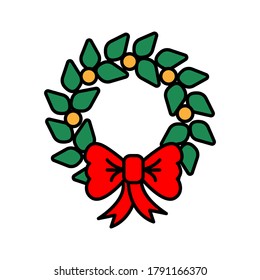 Vector Fir Wreath with Red Mistletoe isolated on white background.