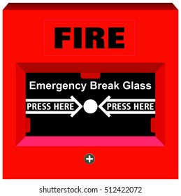 Vector Fire Alarm Emergency Break Glass Press Here Warning Tool Device Red Box Button For Building Safety To Save People Life Panel To Avoid Hazard Fixed On Walls All Over Facility And Offices