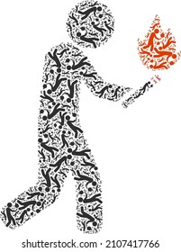 Vector fire arsonist icon composition. Fire arsonist composition is designed of repeating self fire arsonist pictograms. Fractal composition of fire arsonist icon.