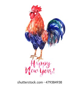 Vector fire cock on white background with text Happy New Year!. Chinese calendar Zodiac for 2017 New Year of rooster. Isolated bird and text in watercolor.