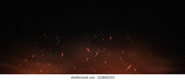 Vector Fire Effect With Sparks Isolated On Dark Transparent Background. Flame With Glowing Dust. Golden Light. EPS 10