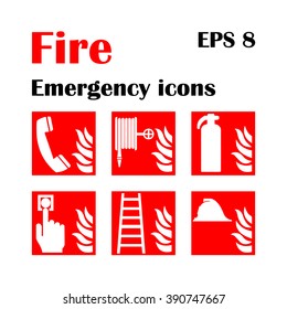 Vector fire emergency icons. Signs of evacuations. Fire emergency exit in red. Emergency fire symbols for evacuation plans.