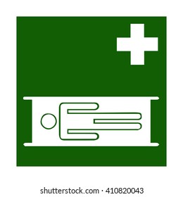 Vector fire emergency icons. Signs of evacuations. Emergency medicine in green. Chest. Stretcher, litter, pram.