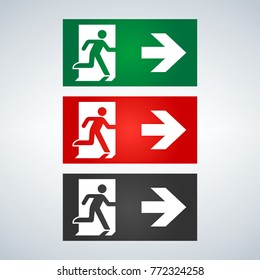 Vector Fire Emergency Icons. Signs Of Evacuations. Fire Emergency Exit In Green And Red. Exit Signs. Emergency Fire Symbols For Evacuation Plan.