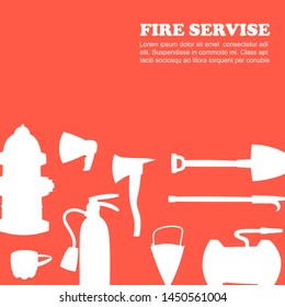 Vector fire emergency and fire protection equipment white silhouettes on red background for posters. Fire emergency tools and symbols to protect in red.