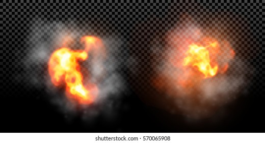 Vector Fire Explosion Effect On Black Background. Flame Blast Burst With Smoke.