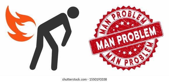 Vector fire farting icon and rubber round stamp watermark with Man Problem caption. Flat fire farting icon is isolated on a white background. Man Problem stamp seal uses red color and rubber surface.