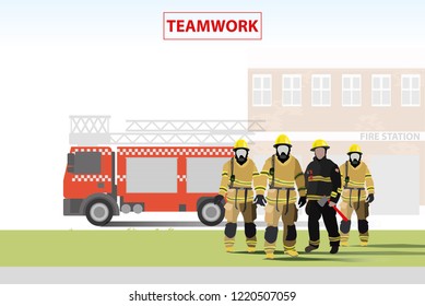 vector fire fighter standing on fire station and fire truck background