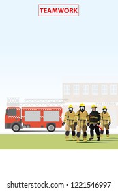 vector fire fighter standing on fire station and fire truck background