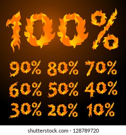 vector fire flame font Percents templates for sale 100%, 90%, 80%, 70%, 60%,  50%, 40%, 30%, 20%, 10%