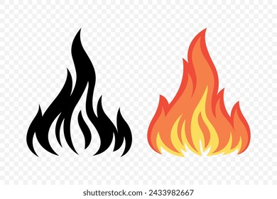 Vector Fire Flame Icon Set, Isolated. Campfire Shape Sign, Bonfire Design Template for Outdoor, Adventure, Nature Concept. Black White and Color Flame Icon in Front View