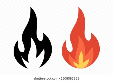 Conjunto de iconos de llama de fuego de Vector. Fogata aislada, hoguera, señal de llama. Vista frontal. Plantilla de diseño para exteriores, camping, gráficos de emergencia. Ilustración vectorial