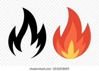 Conjunto de iconos de llama de fuego de Vector. Fogata aislada, hoguera, señal de llama. Vista frontal. Plantilla de diseño para exteriores, camping, gráficos de emergencia. Ilustración vectorial