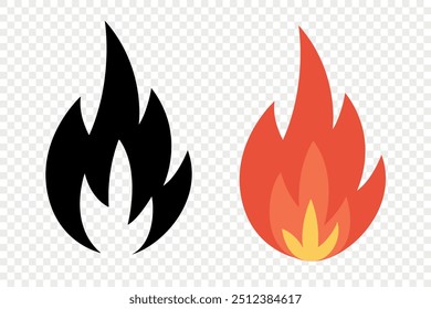 Conjunto de iconos de llama de fuego de Vector. Fogata aislada, hoguera, señal de llama. Vista frontal. Plantilla de diseño para exteriores, camping, gráficos de emergencia. Ilustración vectorial