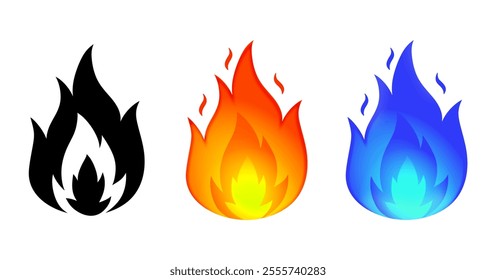 Vector Fire Flame Isolated Icon Set. Campfire, Bonfire, Flame Sign, Front View. Vector Illustration