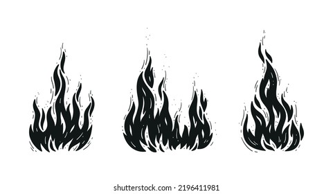 Vector Fire Flame Set. Campfires Silhouettes. Bonfire Black And White Drawing. 