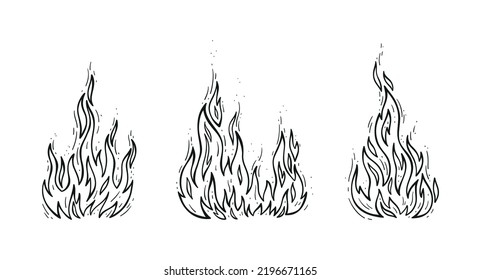 Vector Fire Flame Set. Outline Campfire Silhouettes. Bonfire Black And White Drawing. 