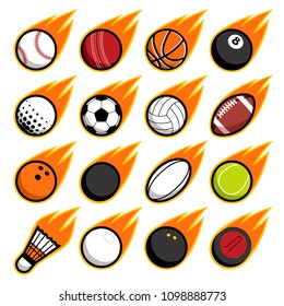 Vector fire flying play sport balls logo icon isolated objects set on white background