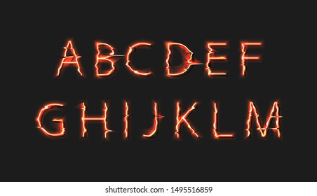 Vector Fire Font, Halloween Banner Type Set, Typography Colorful Elements Isolated on Dark Background.