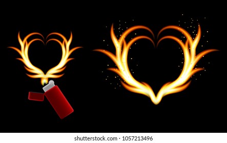 Vector. Fire heart flame lighter, spark, hot heart of the fire. 3D, realistic illustrations.