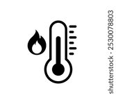 Vector Fire, High Temperature Icon Design on White Background. Hot Weather Black Flat Solid Sign for Web and Packaging Labels. 