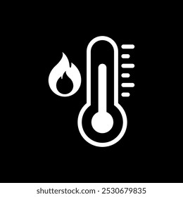 Vector Fire, High Temperature Icon Design on Black Background. Hot Weather White Flat Solid Sign Inversion for Web and Packaging Labels.	