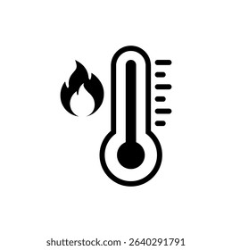 Vector Fire, High Temperature Icon Design on White Background. Hot Weather Black Flat Solid Sign for Web and Packaging Labels.	