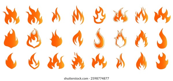  vector fire icon set featuring flaming campfires, fiery explosions, and abstract blazes. Perfect for hot energy designs, danger symbols, decorative elements, and warm-themed PNG.