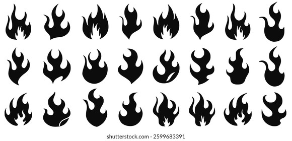vector fire icon set featuring flaming campfires, fiery explosions, and abstract blazes. Perfect for hot energy designs, danger symbols, decorative elements, and warm-themed PNG.