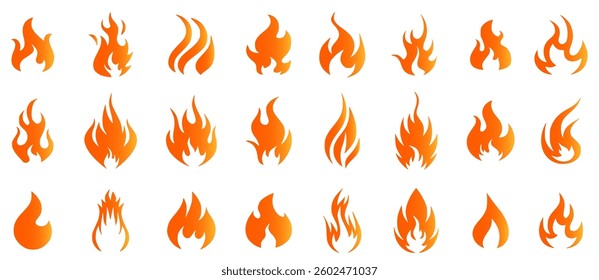 vector fire icon set featuring flaming campfires, fiery explosions, and abstract blazes. Perfect for hot energy designs, danger symbols, decorative elements, and warm-themed PNG.