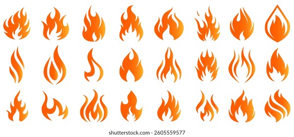 vector fire icon set featuring flaming campfires, fiery explosions, and abstract blazes. Perfect for hot energy designs, danger symbols, decorative elements, and warm-themed 