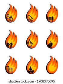 Vector fire icons isolated on white background.Illustration of yellow and orange flame of fire,burning city,field,campfire,spruce forest,woman,trees,children,animals.For posters, banners.