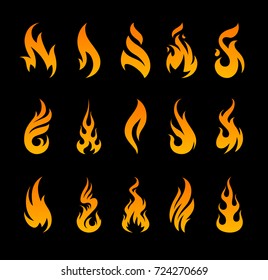 Vector Fire Icons. Set of different fire shapes on black background.