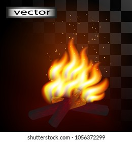 Vector. The fire is isolated on a transparent background. The fire burns with sparks. To kindle a fire. The wood burns in a bright flame, a hot fire insulated for design . 3D, realistic illustrations.