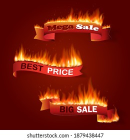 Vector fire labels set. Price and sale, deal and offer, special tag or badge, business promotion. Vector illustration