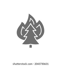 Vector fire on tree, wildfire grey icon.