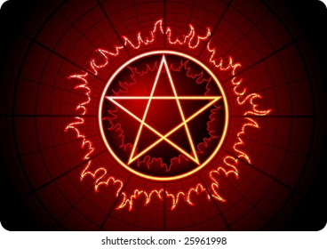 Vector - Fire Pentagram with grid on dark background