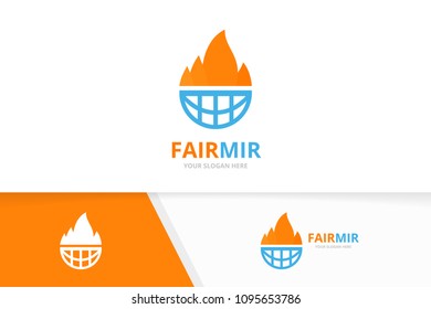 Vector fire and planet logo combination. Flame and world symbol or icon. Unique torch and globe logotype design template.