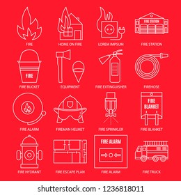 Vector fire safety icon set in linear style. White icon set on red background