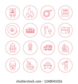 Vector fire safety icon set in linear style. Isolated symbols in circles, red color