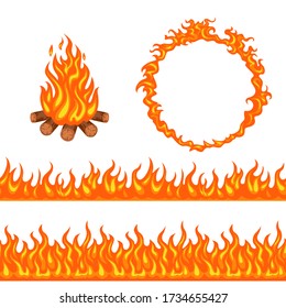 Vector Fire. Set of design elements isolated on white background. Ring of flame, fire seamless pattern and bright bonfire with firewood. Cartoon flat illustration.