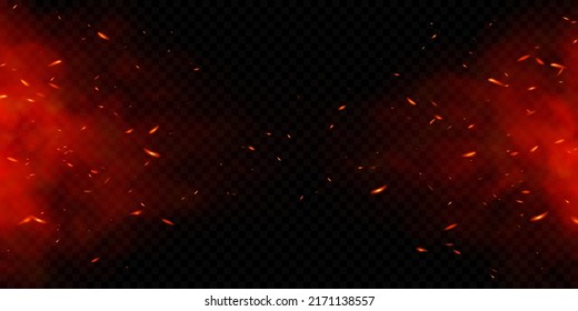 Vector fire sparks. Burning glowing particles. Flame of fire with sparks isolated on a black transparent background. - Shutterstock ID 2171138557