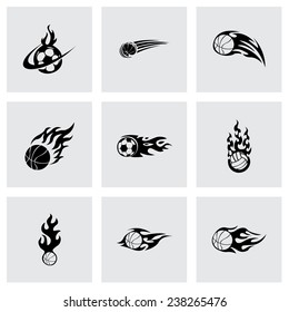 Vector fire sport balls icons set on grey background