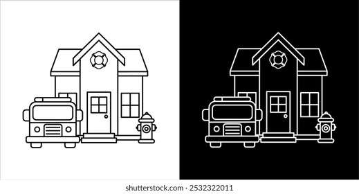 Vector fire station icon with fire truck in black and white line art style, perfect for designs