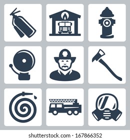 Vector Fire Station Icons Set: Extinguisher, Fire House, Hydrant, Alarm, Fireman, Axe, Hose, Fire Truck, Gas Mask