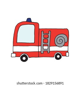 Vector fire truck. red fire truck with hydrant, ladder, flashing washer. Children's print on textiles, t-shirts, coloring. Bright picture.