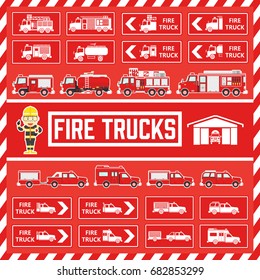 Vector Fire Trucks in Flat Design, Set of Icons and Signs of Fire Trucks for Book and Web Decoration, Cute Safety Fireman Cartoon